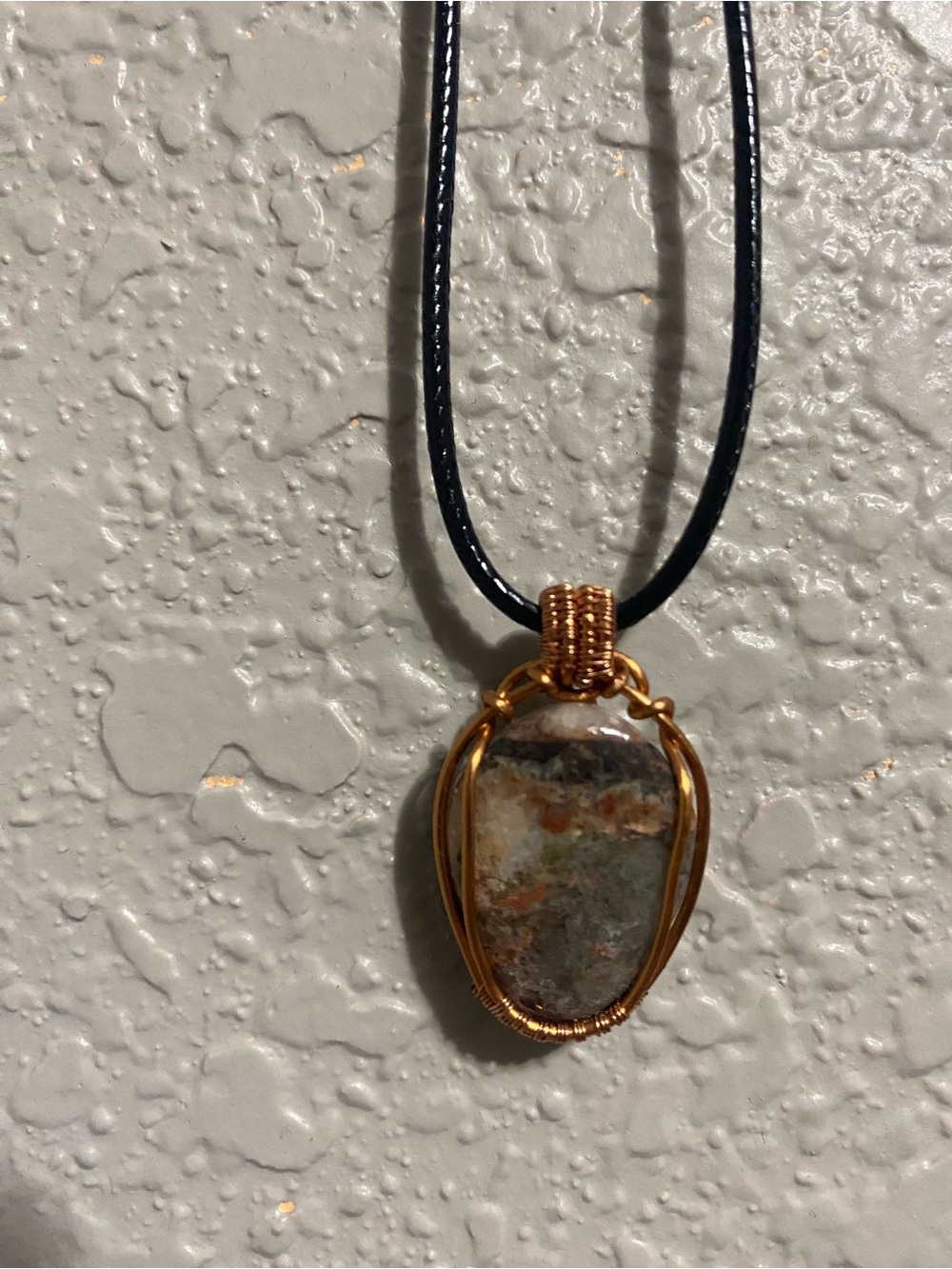 Copper Wire-Wrapped Jasper Pendant Necklace in Black Cord